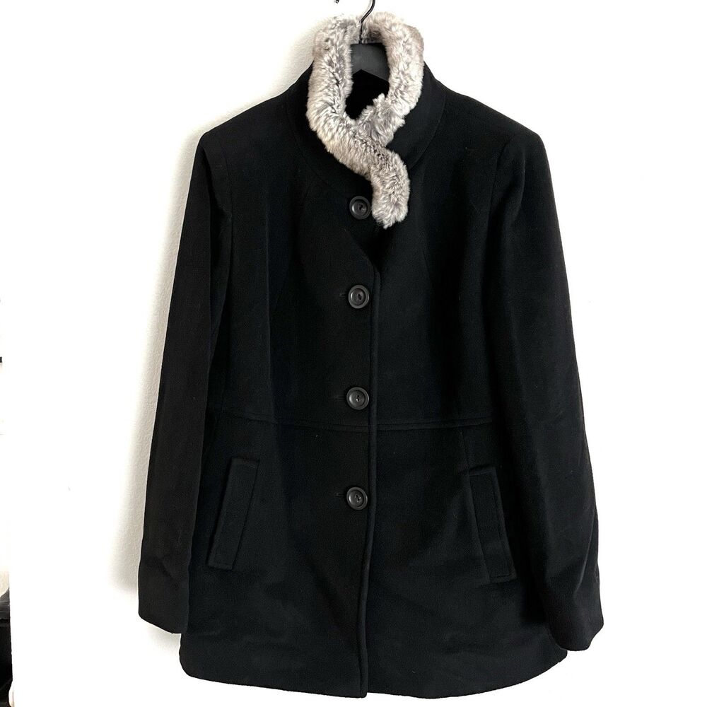 Cinzia Rocca Womens Wool Cashmere Black Coat Rabbit Collar Size 12 Made In Italy